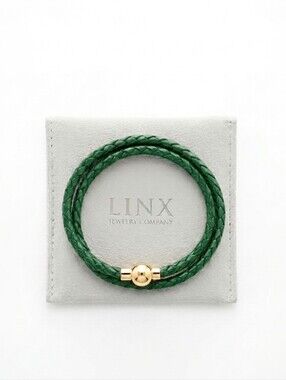 Linx Double Wrap Green Leather Braided Cord Bracelet with Gold Magnetic Clasp